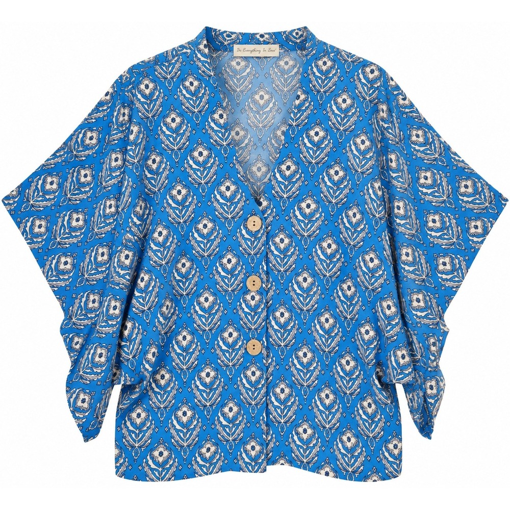 Do Everything In Love Top Womens OS Blue Medallion Kimono Short Sleeve Button Up